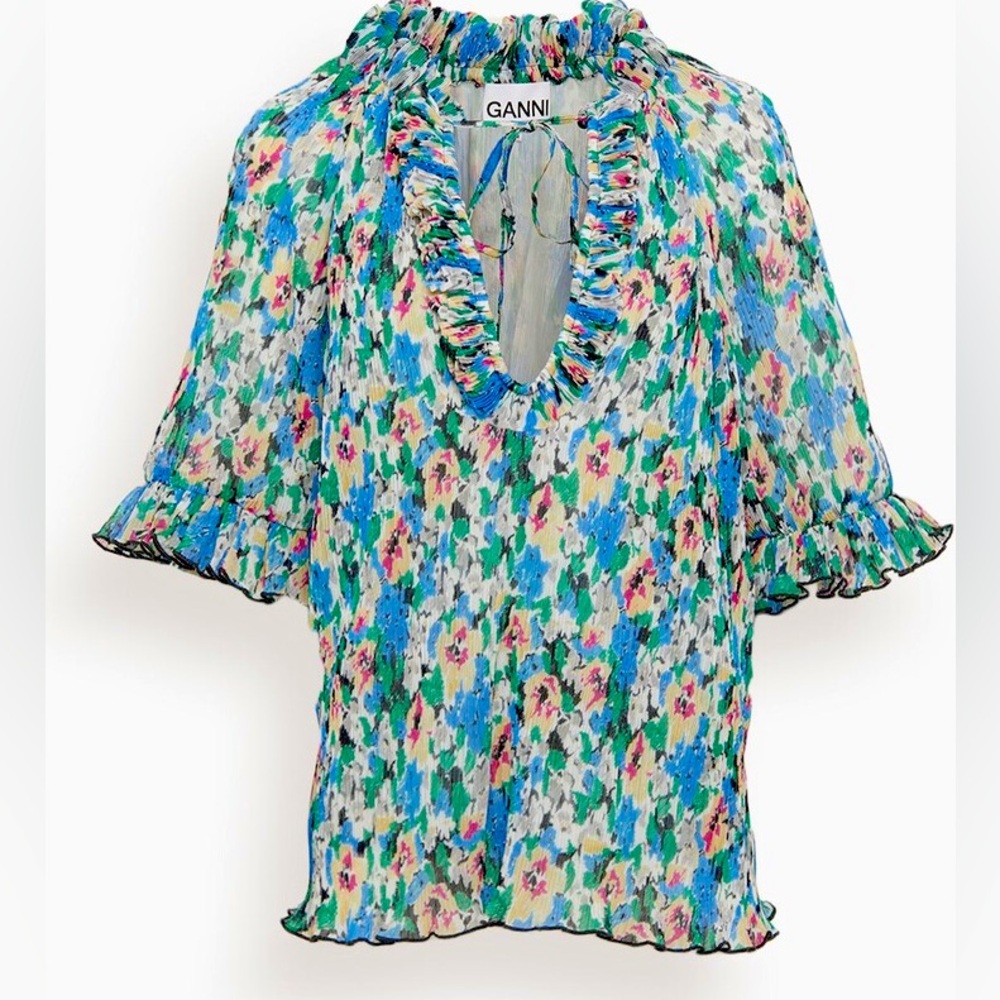 Ganni Pleated Floral Georgette Top